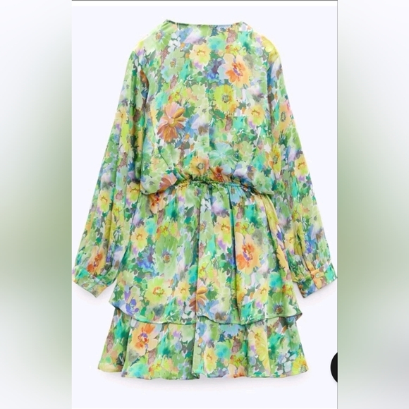 Zara Green Floral Print  V-Neck Puff Sleeve Romantic Dress  Size XS - Picture 5 of 16